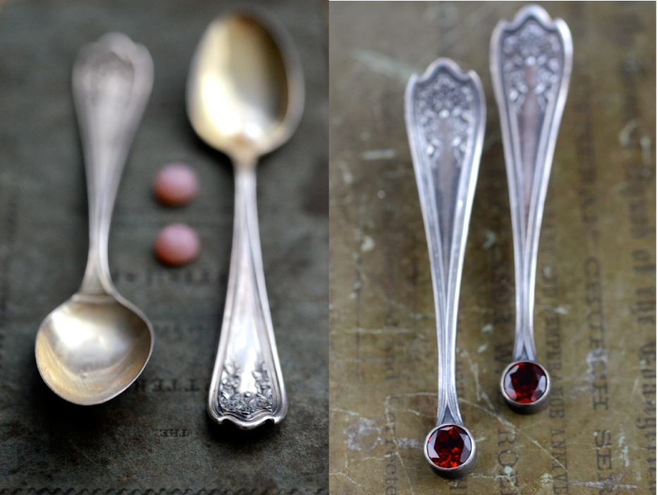 Antique Sterling Silver Spoon Earrings with Garnets