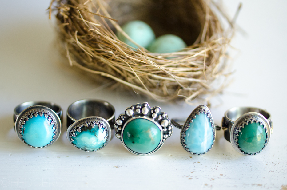 Turquoise Songbird Rings 4 via Hedgerow Rose