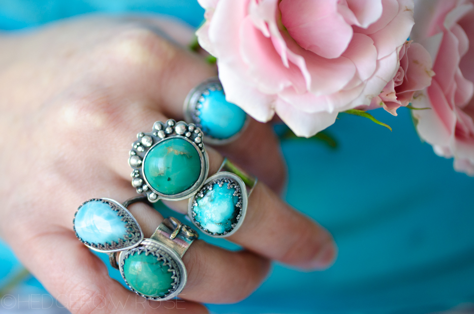 Turquoise Songbird Rings 8 via Hedgerow Rose