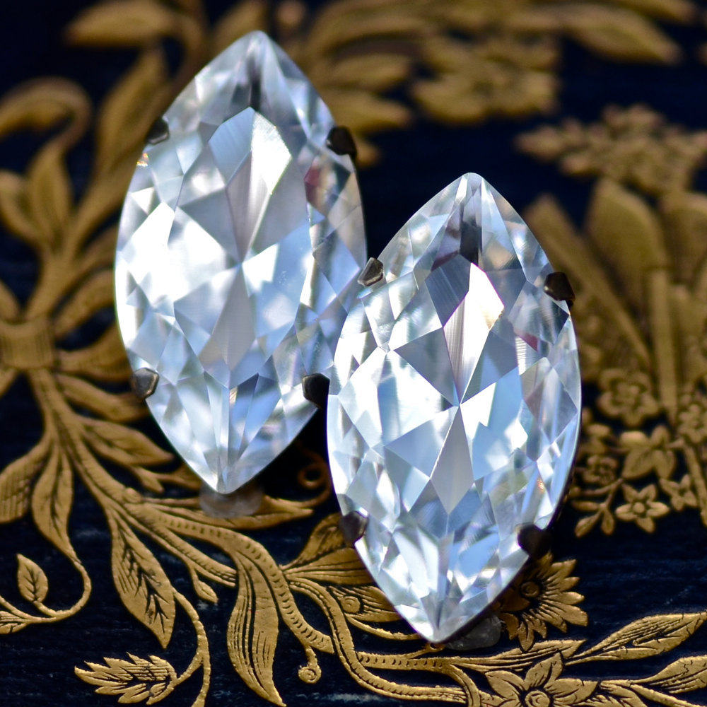 Ultimate Glam Crystal Stud Earrings - White Diamond - Large Marquise Shape